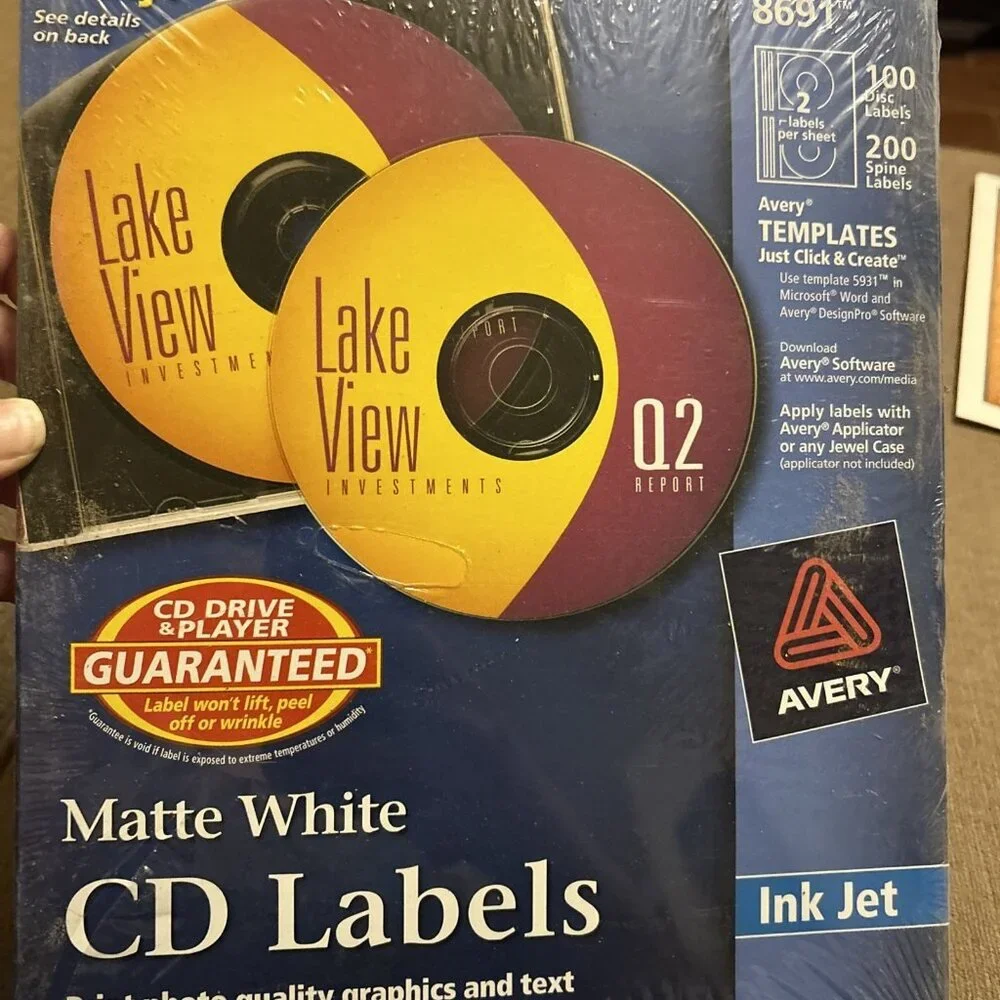 Avery Matte White CD Labels Ink Jet 8691 100 disc count/200 spine count New Seal